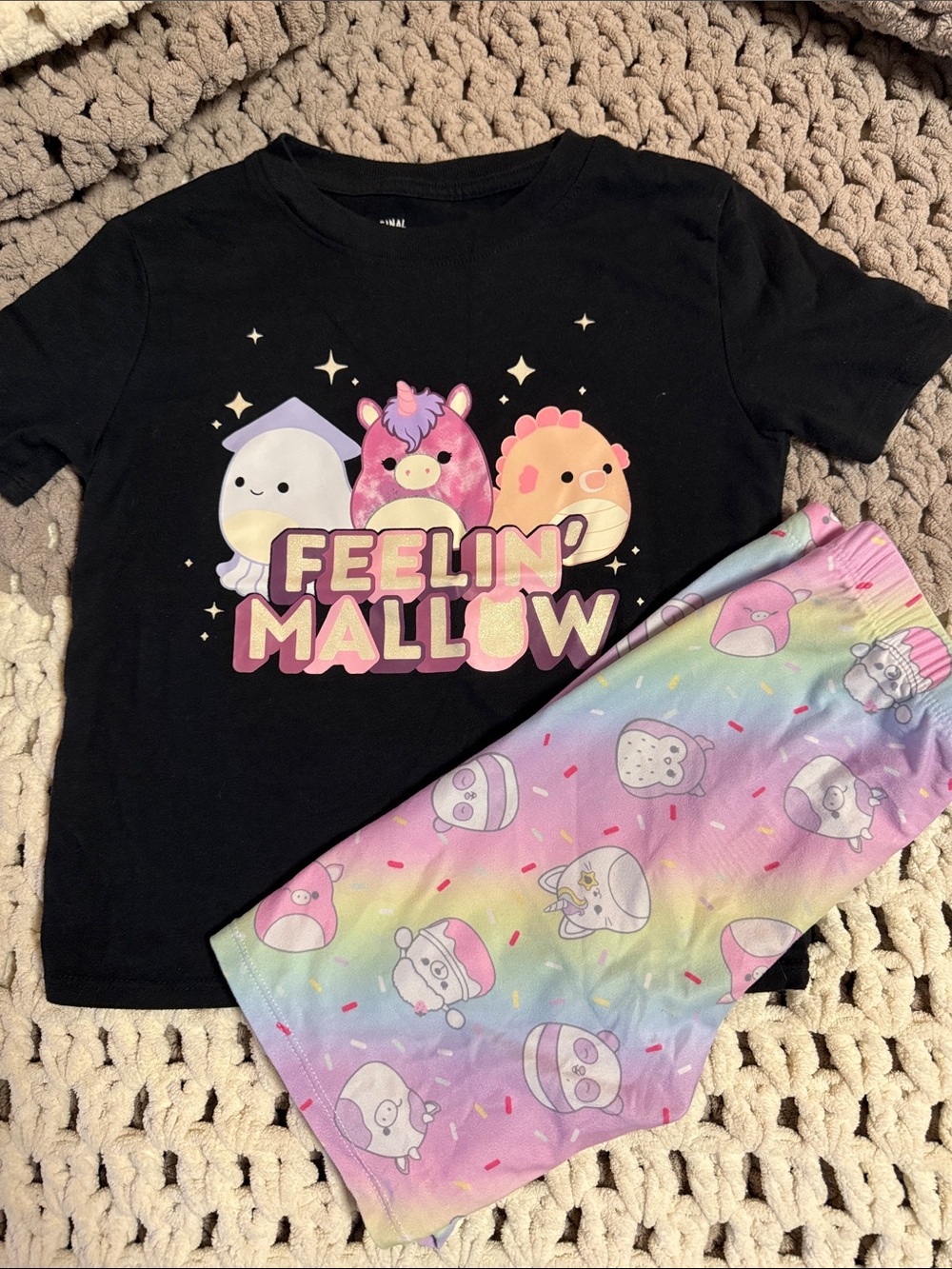 Kids Feelin' Mallow Black Tee and Pastel Rainbow short Set